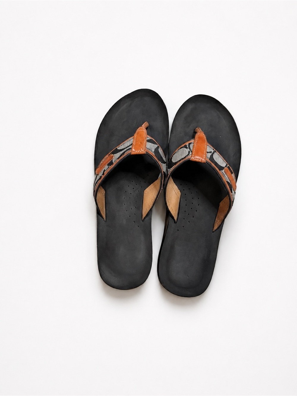 Coach Black Footbed Brown Leather-Trim Logo Strap Flip Flops